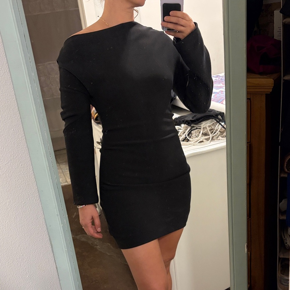 Asymmetrical long sleeve Black Off-Shoulder Dress
